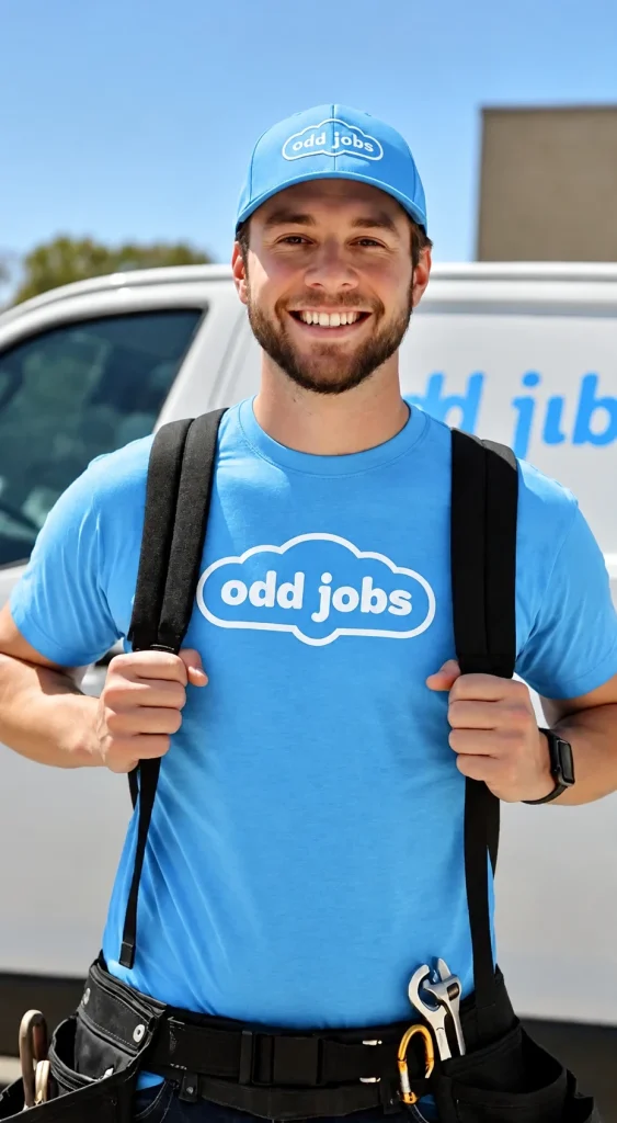 Smiling Odd Jobs tech in the blue shirt